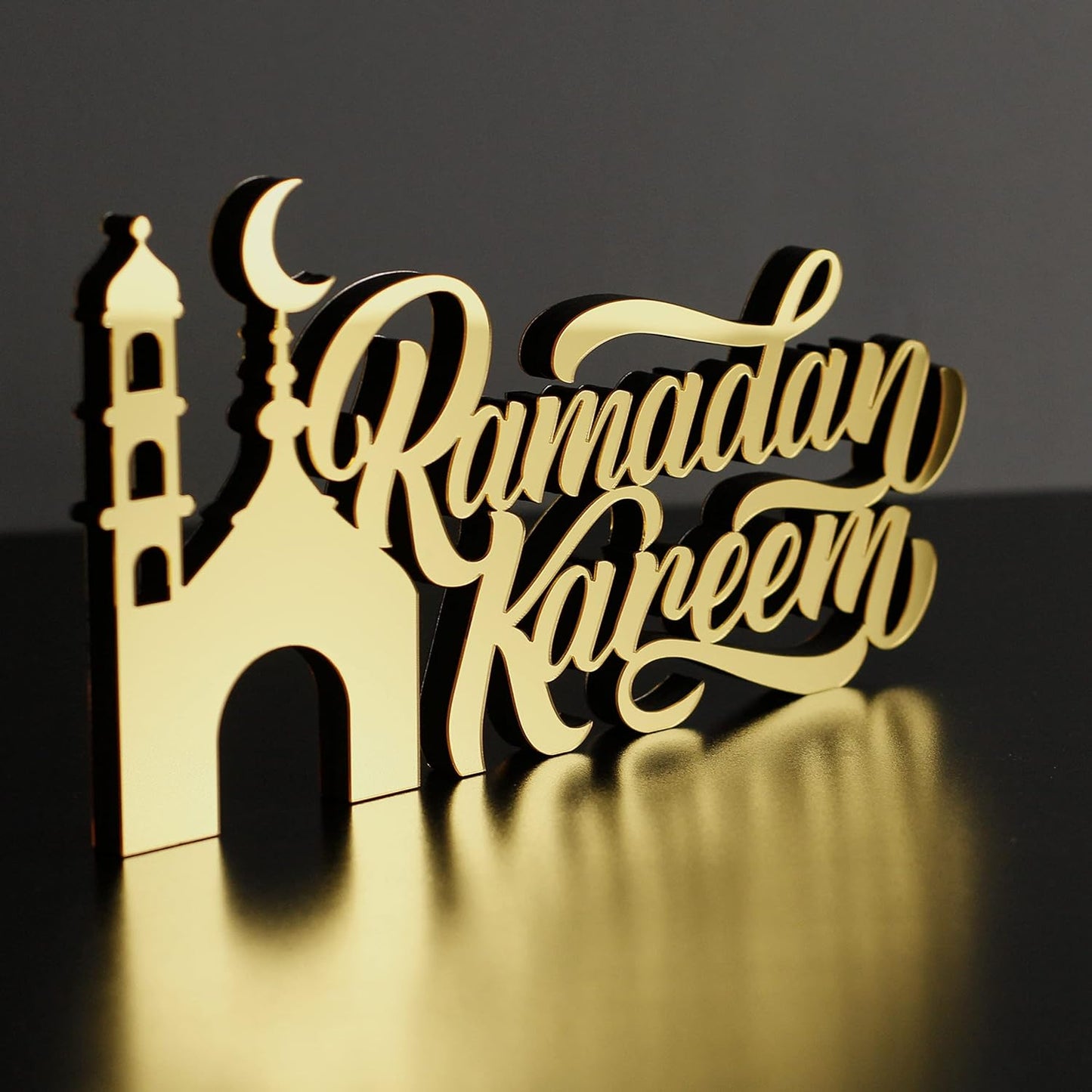 E World | Wooden Acrylic Islamic Tabletop Decors | Ramadan Kareem and Eid Mubarak Decoration | Islamic Muslim Gifts | Ramadan Eid Decoration | (Ramadan Kareem-1, Gold)