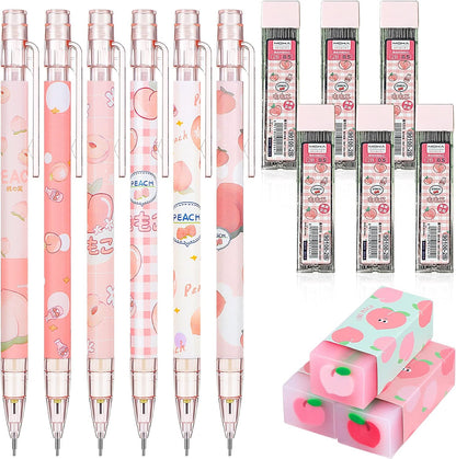 Sabary Kawaii Mechanical Pencil Set Include Peach Mechanical Pencils with Tubes 0.5 mm Pencil Refills and Cute Juice Peach Erasers School Supplies for Sketching Architecture Drawing (15 Pcs)