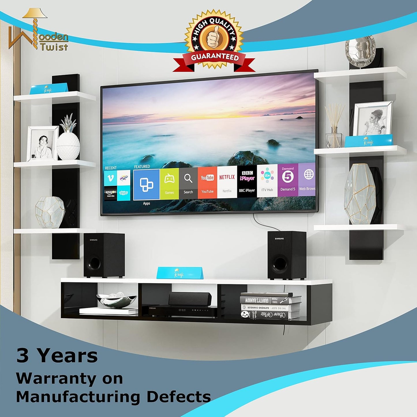 Raafi Wooden Wall Mounted TV Unit, Cabinet, with TV Stand Unit Wall Shelf for Living Room (Black & White)