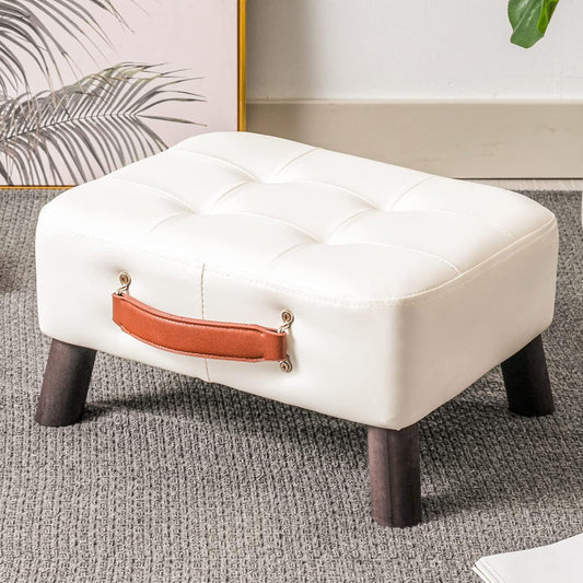 Small foot stool ottoman, Beige PU leather rectangle ottoman footrest, bedside step stool with wood legs, small Rectangular stool, foot rest for couch, small ottoman for desk, living room, bedroom