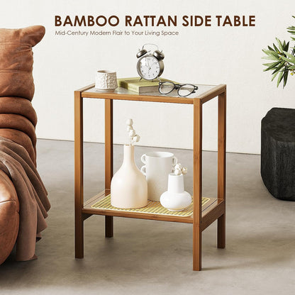 Bamworld Rattan Side Table Boho NightStand Mid Century Modern End Table Glass Bedside Table Small End Tables Bamboo Coffee Table with Storage for Living Room Bedroom, Bamboo Brown (A1)