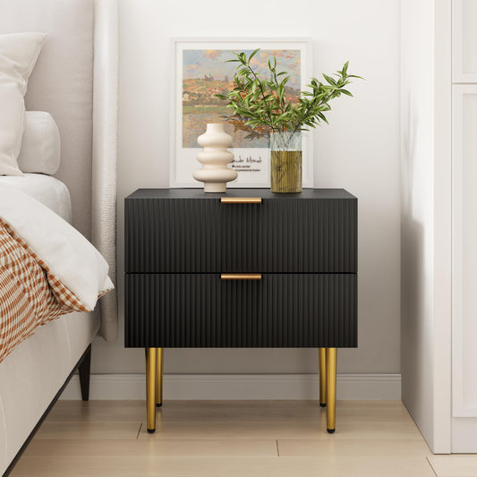 Semiocthome Black Night Stand, Mid Century Modern NightStand with 2 Wave Fluted Panel Drawers, Bedside Table with Gold Metal Legs, Bedroom Set Wide Tabletop Bed Side Table, End Tables for Living Room