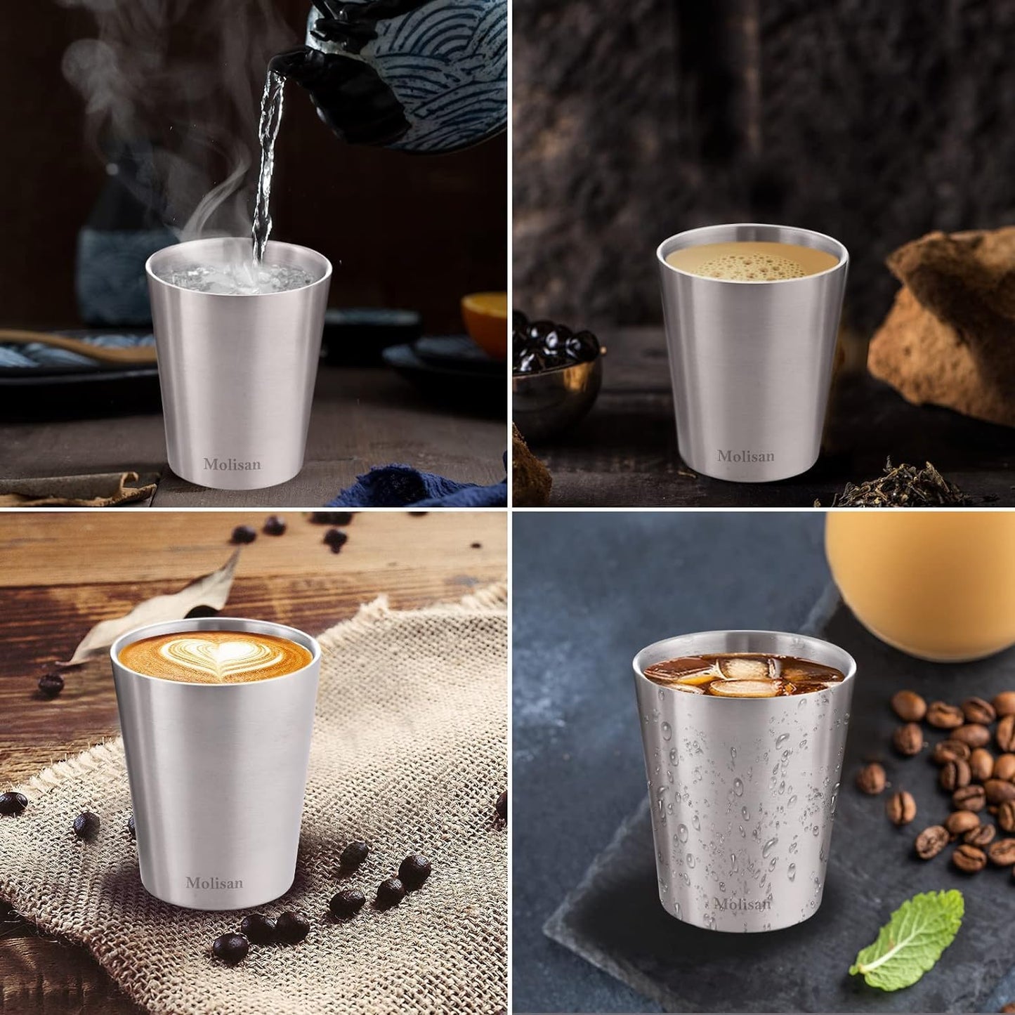 Stainless Steel Coffee Mugs, Double Wall Insulated Coffee Cups 4 Pack 300ml BPA Free Stainless Steel Tumblers Durable Drinking Cups for Home, Kitchen, office, Outdoor ideal for Ice Drinks/Hot Beverage