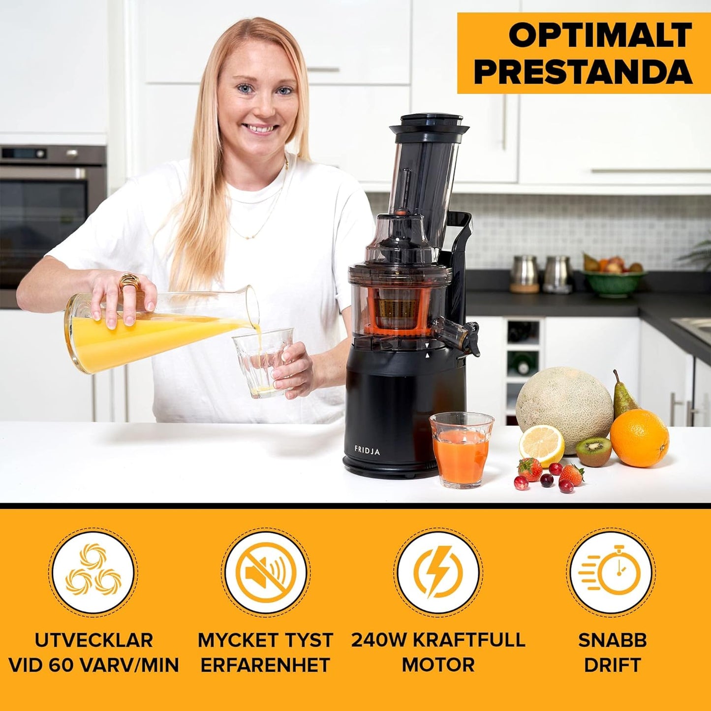 FRIDJA Powerful Masticating Juicer for Whole Fruits and Vegetables, Fresh Healthy Juice, Sorbet, Ice Cream, Wide Mouth 75mm Feeding Chute, BPA Free, 240-Watt, Cold Press, Black Stainless Steel f1900