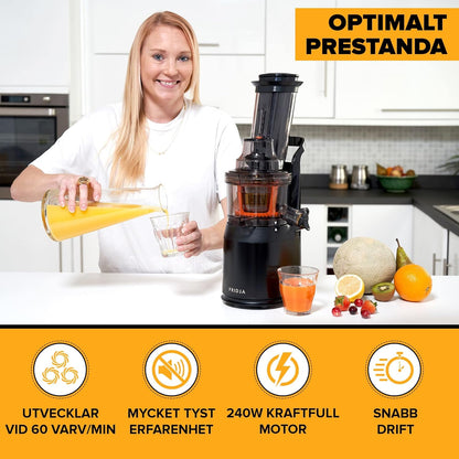 FRIDJA Powerful Masticating Juicer for Whole Fruits and Vegetables, Fresh Healthy Juice, Sorbet, Ice Cream, Wide Mouth 75mm Feeding Chute, BPA Free, 240-Watt, Cold Press, Black Stainless Steel f1900