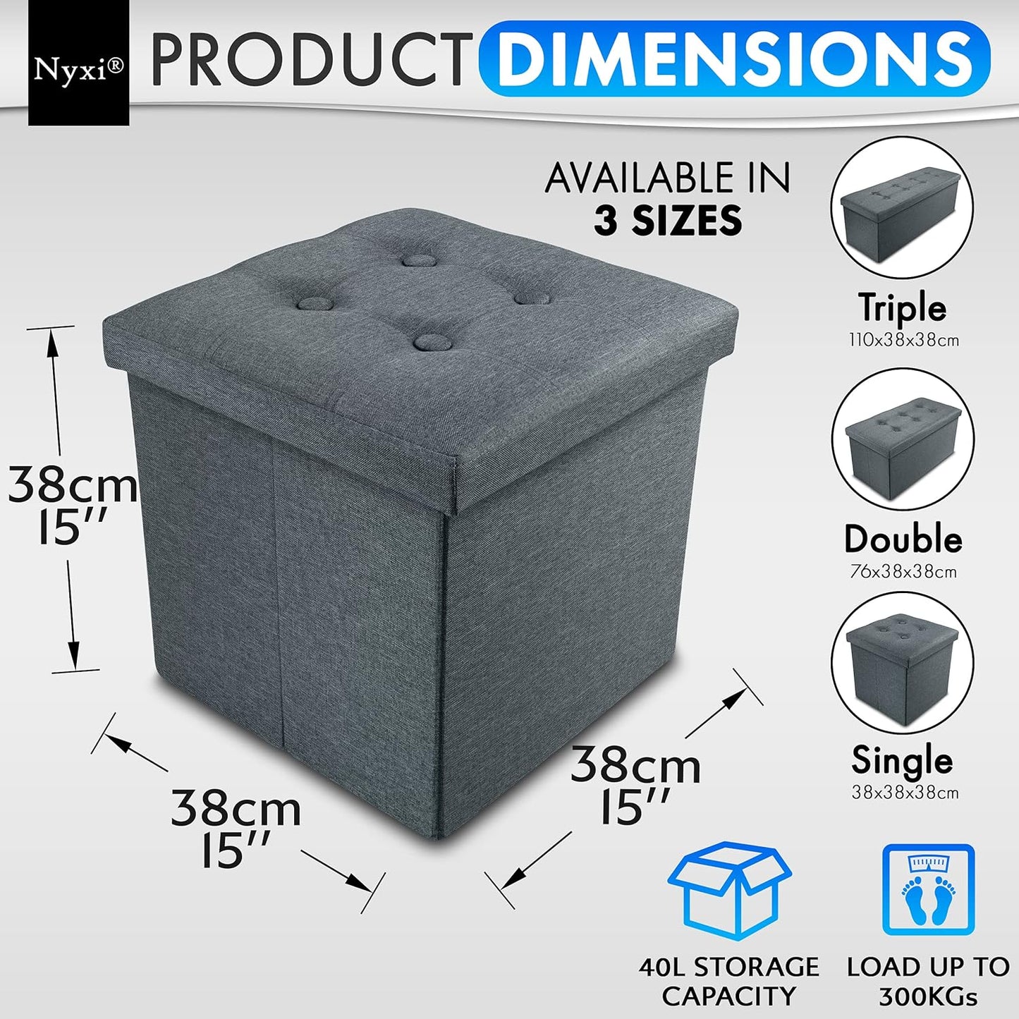 Nyxi Faux Leather 38 * 38 * 38cm Dark Grey Ottoman Foldable Storage Boxes Seat Foot Stool Storage Box with Lids for Kids Toys, Bedroom, Hallway, Living Room…