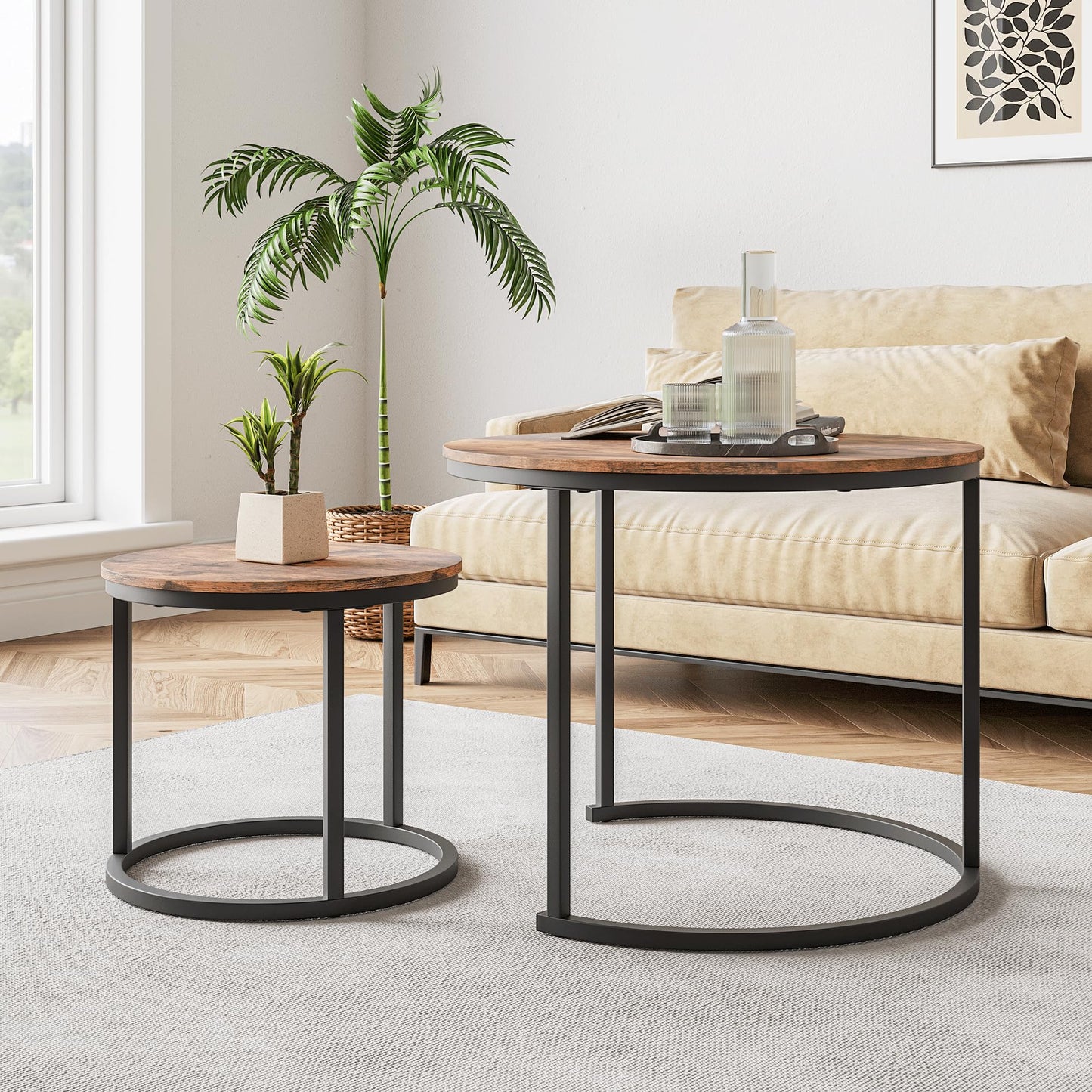 HOJINLINERO Nesting Round Coffee Table Set of 2 End Tables for Living Room,Grey Coffee Table Wooden Accent Furniture with Metal Frame,Stacking Side Tables,Black+Warm Grey