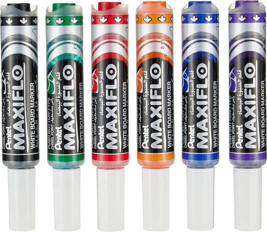 Pentel Maxiflo Medium Chisel Tip White Board Marker 6-Pieces, Multicolour