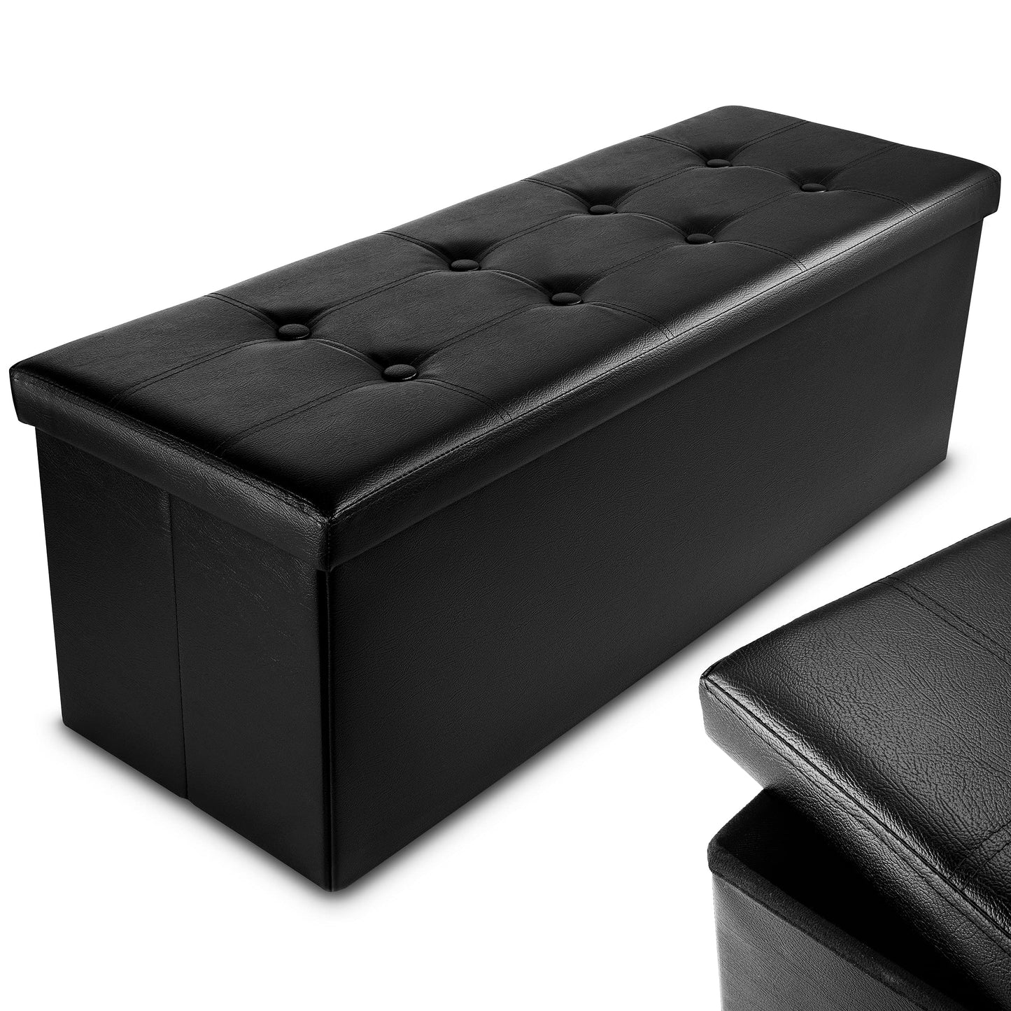 Nyxi Faux Leather 110 * 38 * 38cm Black Ottoman Foldable Storage Boxes Seat Foot Stool Storage Box with Lids for Kids Toys, Bedroom, Hallway, Living Room…