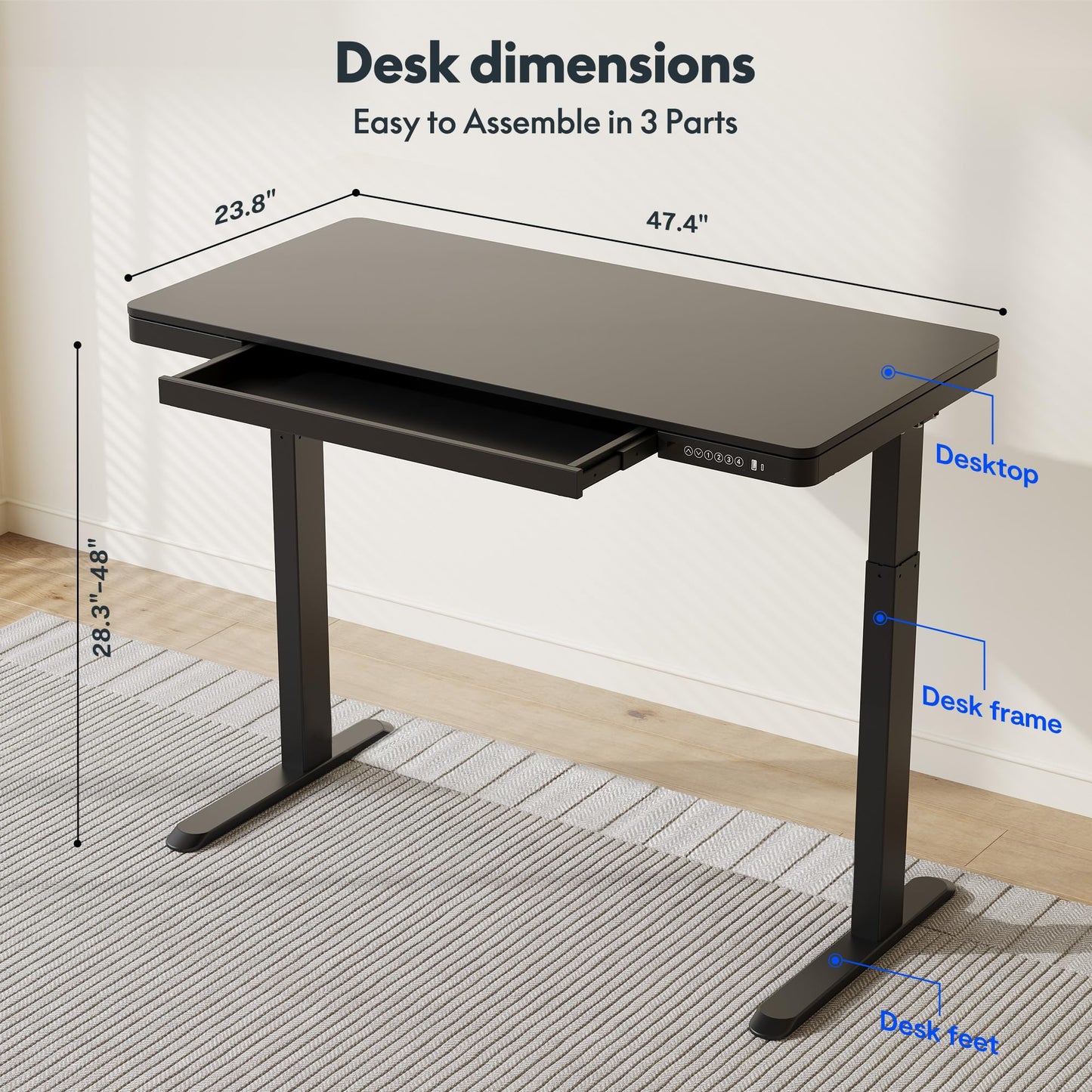 Flexispot Electric Height AdjUStable Standing Desk With Drawer 48 X 24 Inch Tempered Glass White Desktop & Frame Home Office Computer Workstation (2.4A USb Charge Ports, Memory Controller, Child Lock)