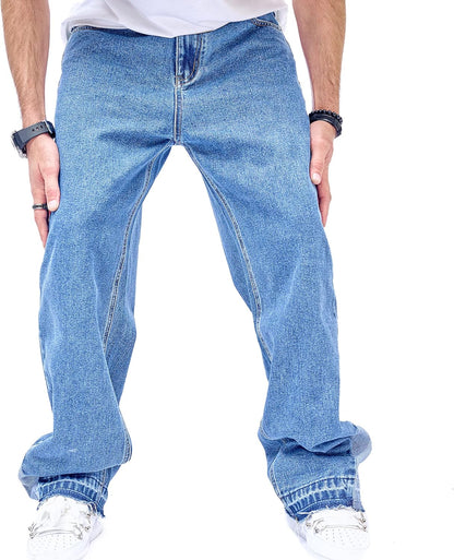 WEIBUMAOYI Men's Loose Fit Pants Relaxed-Fit Men Jeans Washed Oversize Straight Leg Carpenter Jean