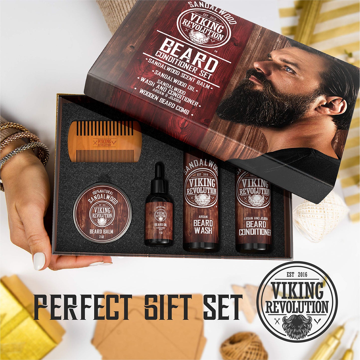 Viking Revolution Beard Grooming Kit for Men- Ultimate Beard Kit Includes 100% Boar Beard Brush, Beard Comb, Citrus Beard Balm, Unscented Beard Oil, Beard & Mustache Scissors