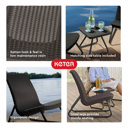 Keter Rio 3 Piece Resin Wicker Patio Furniture Set with Side Table and Outdoor Chairs, Brown