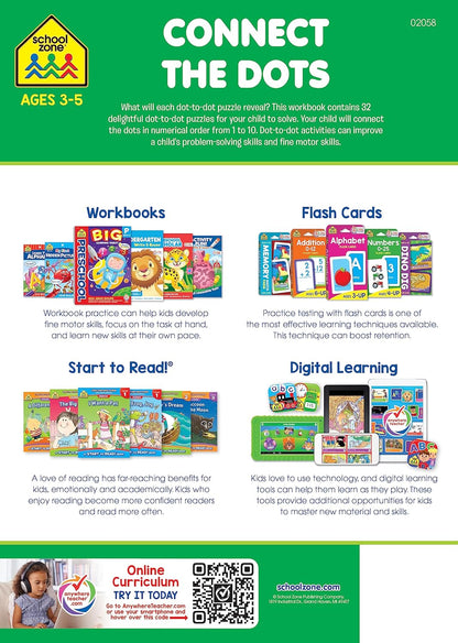 School Zone - Connect the Dots Workbook - Ages 3 to 5, Preschool to Kindergarten, Dot-to-Dots, Counting, Number Puzzles, Numbers 1-10, Coloring, and More (School Zone Get Ready!™ Book Series)