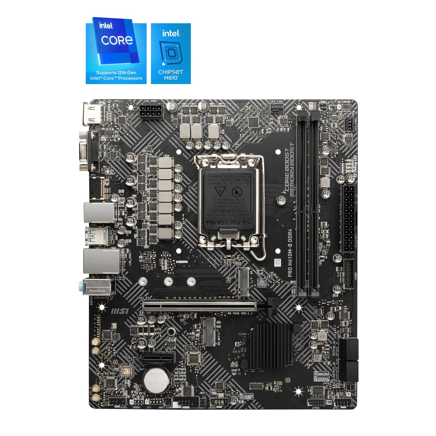 MSI Pro H610M-G DDR4 Micro-ATX Motherboard, Socket LGA 1700, H610 Chipset, 1x Intel I219V Gigabit LAN Controller, 2 DIMM Slots, M.2 Slot, PCI-E X16, SATA III, HDMI, VGA, DP