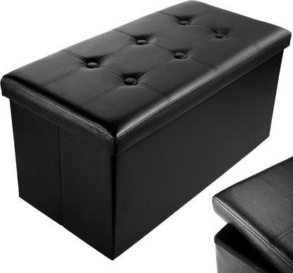 Nyxi Faux Leather 76 * 38 * 38cm Black Ottoman Foldable Storage Boxes Seat Foot Stool Storage Box with Lids for Kids Toys, Bedroom, Hallway, Living Room…