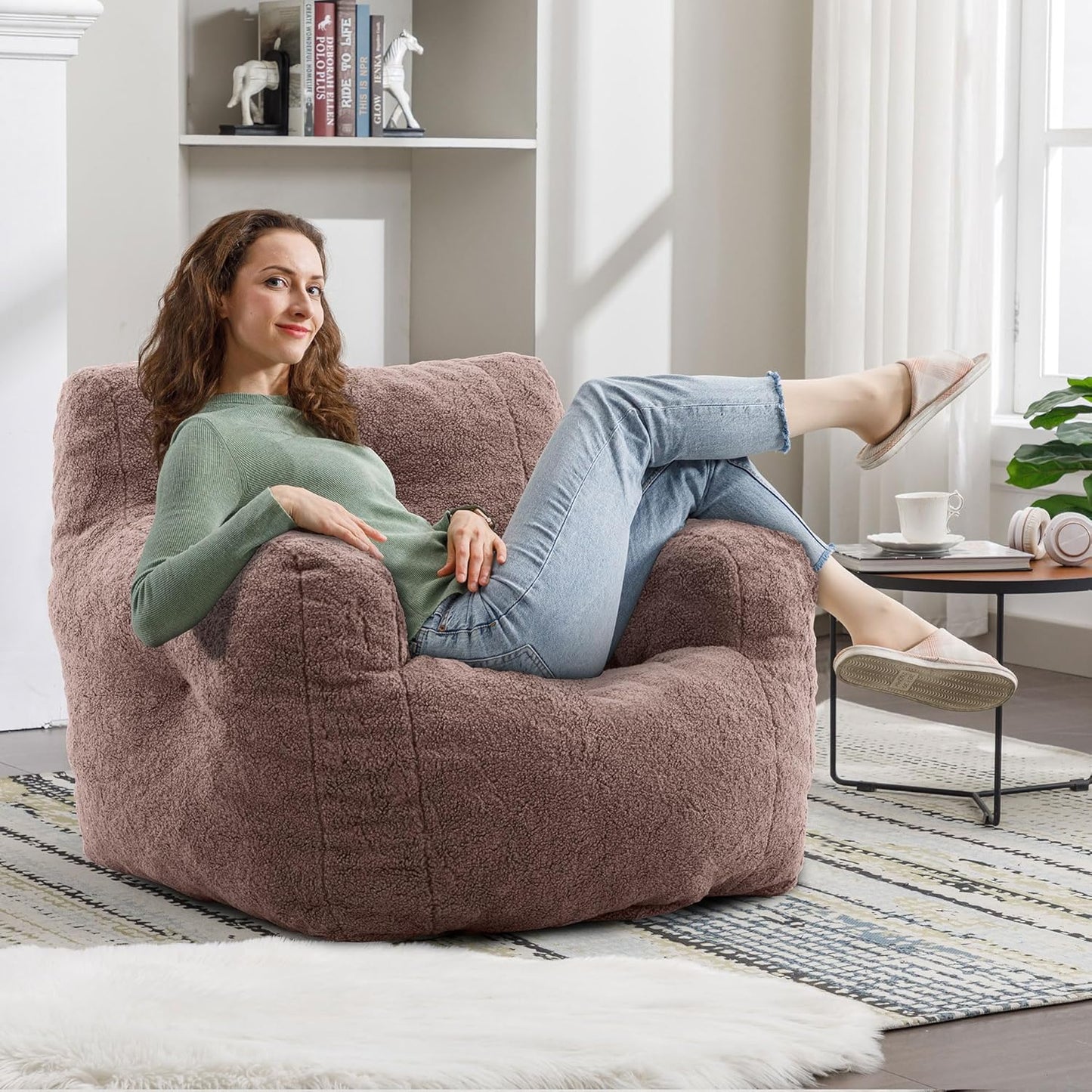 Recaceik Bean Bag Chairs, Tufted Soft Stuffed Bean Bag Chair with Filler, Fluffy Lazy Sofa, Imperial Lounger Giant Bean Bag Chair for Bedroom, Living Room, Dark Black