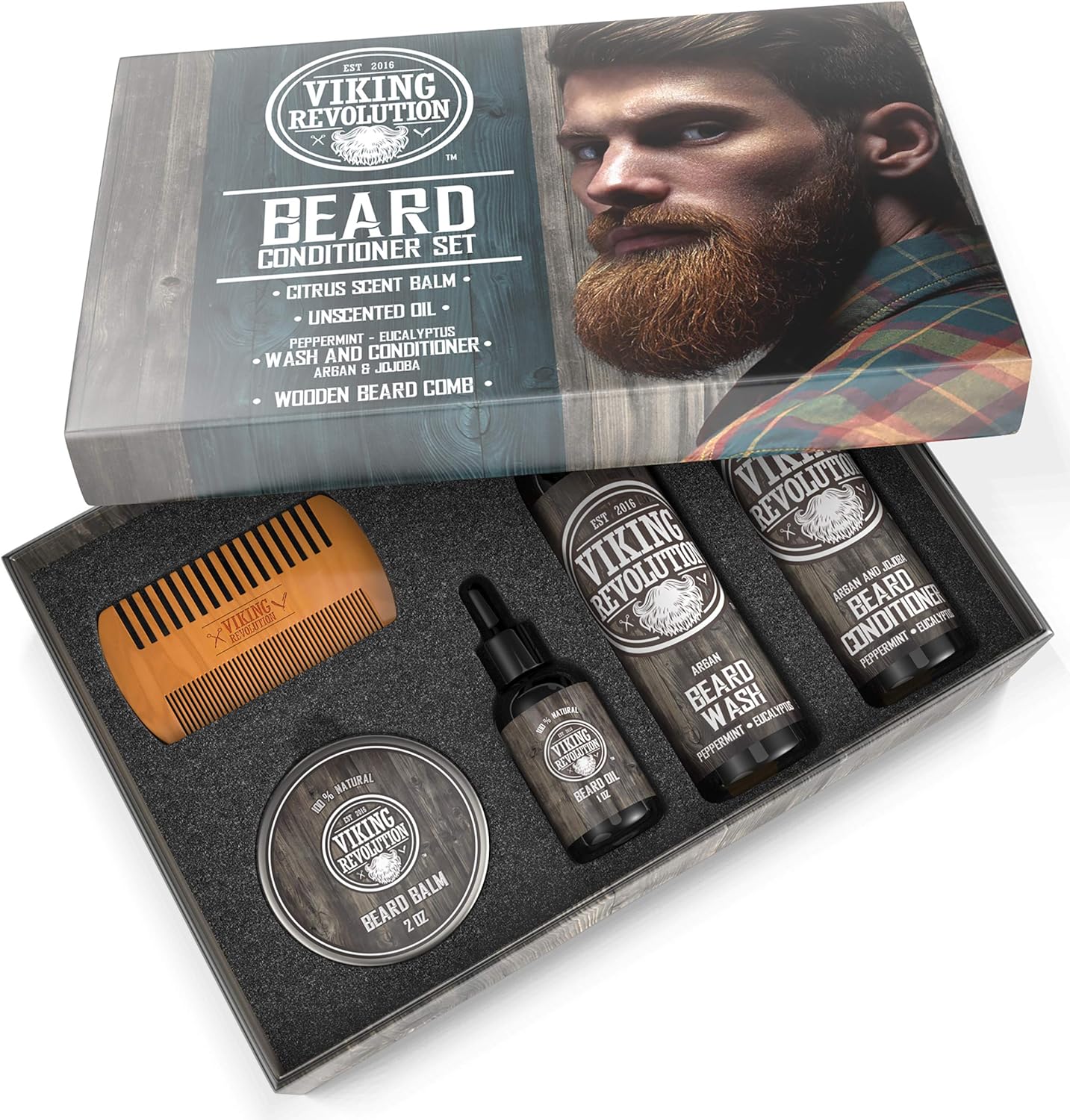 Viking Revolution Beard Grooming Kit for Men- Ultimate Beard Kit Includes 100% Boar Beard Brush, Beard Comb, Citrus Beard Balm, Unscented Beard Oil, Beard & Mustache Scissors