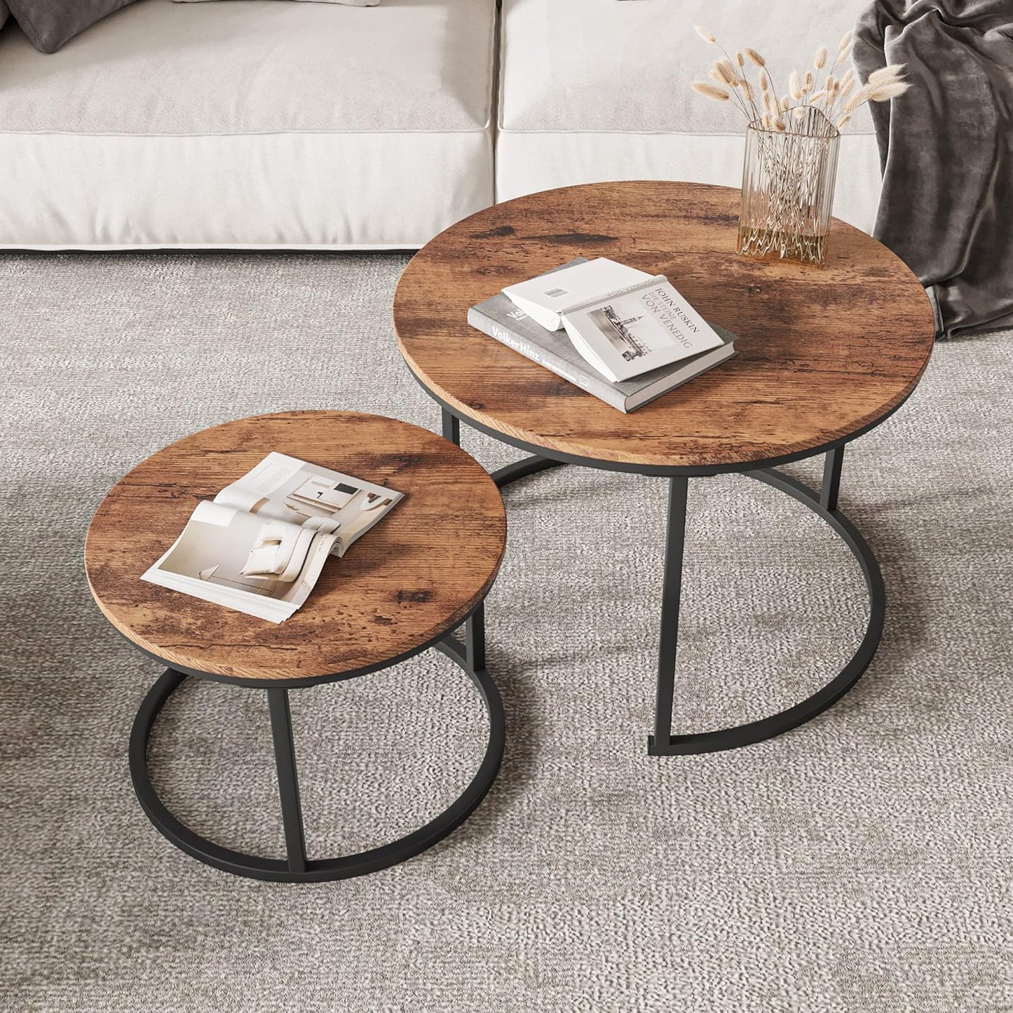 FOUBAM Round Coffee Tables for Living Room Furniture Wood Nesting Coffee Table Set of 2 Stacking Side Tea Table for Small Spaces Balcony Office, Stable Metal Frame,Easy Assembly(Black+Natural Oak)