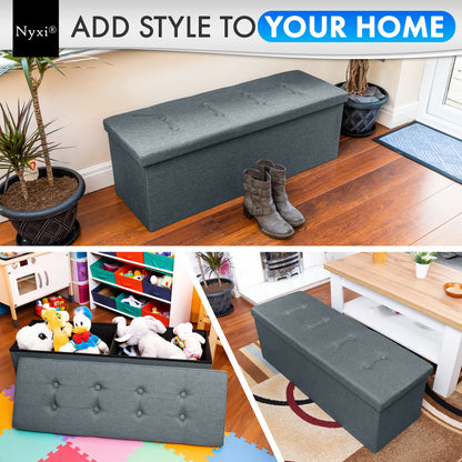 Nyxi Faux Leather 110 * 38 * 38cm Dark Grey Ottoman Foldable Storage Boxes Seat Foot Stool Storage Box with Lids for Kids Toys, Bedroom, Hallway, Living Room…