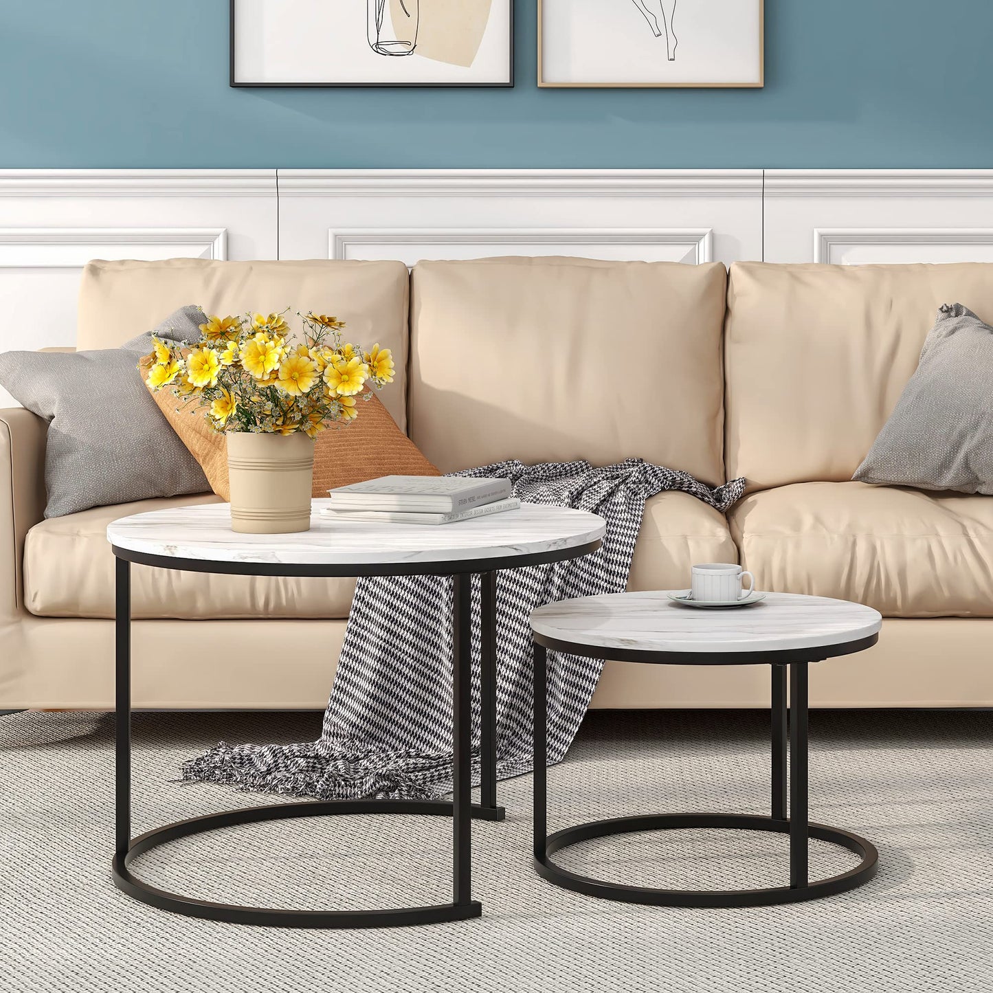 HOJINLINERO Nesting Round Coffee Table Set of 2 End Tables for Living Room,Grey Coffee Table Wooden Accent Furniture with Metal Frame,Stacking Side Tables,Black+Warm Grey