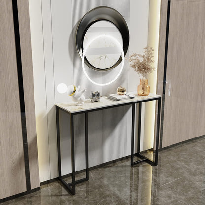 Wisfor Marble Console Table for Entryway: Sintered Stone Hallway Desk Narrow High Gloss Marble Effect Table Top with Black Metal Frame Modern Slim Sofa Side Foyer Living Room Table, 100x30x78cm