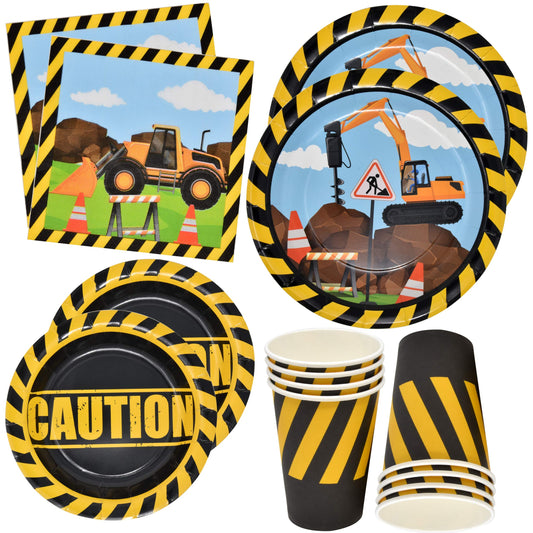 Construction Themed Birthday Party Supplies Tableware Set 24 9" Paper Dinner Plates 24 7" Dessert Plate 24 9 Oz. Cups 50 Lunch Napkins Digger Truck Bulldozer Vehicle Construction Zone Site Decorations