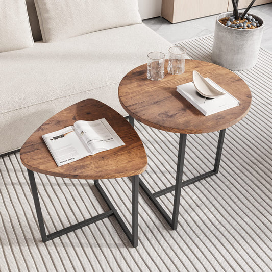 HOJINLINERO Small Coffee Table Set of 2 for Living Room,Industrial End Table,Round Side Table,Durable Metal Frame with Wood Look Accent Furniture,Easy Assemble,for Living Room, Brown