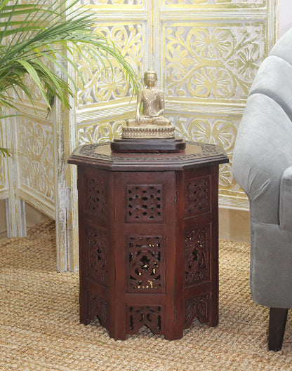 COTTON CRAFT Solid Wood Accent End Table - Hand Carved Vintage Boho Folding Side Table - Small Spaces Entryway Farmhouse Living Room Bedside - No Tools Assembly -18x18 Round - Jaipur Antique Brown