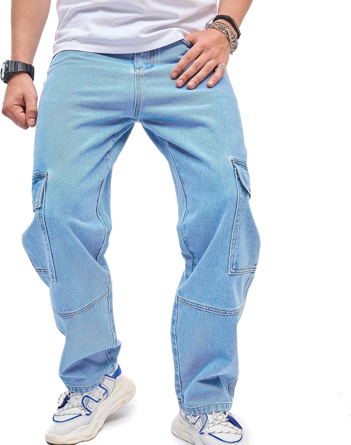 WEIBUMAOYI Men's Loose Fit Pants Relaxed-Fit Men Jeans Washed Oversize Straight Leg Carpenter Jean