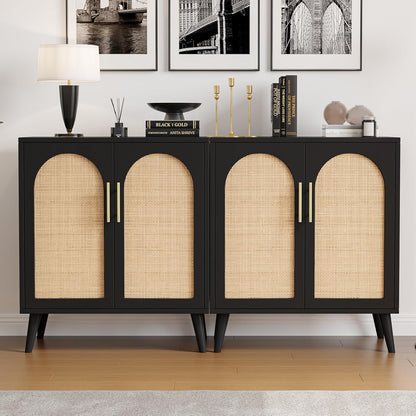 Rovaurx Rattan Storage Cabinet with Doors, Accent Bathroom Floor Cabinet, Modern Sideboard Buffet Cabinet for Living Room, Entryway, Dining Room and Kitchen, Black and Natural BMGZ108BM