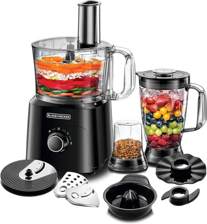 BLACK+DECKER Multifunction Food Processor 750W 2L Gross/1.5L Capacity 25 Functions 2.3L Gross/1.5L Blender Jar 2 Speed/Control For chopping/shredding/slicing/kneading/whisking/blending FX760SB-B5