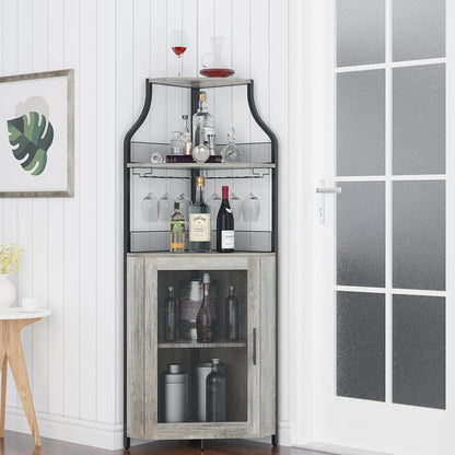 IDEALHOUSE Corner Wine Bar Cabinet with Detachable Wine Rack, Bar Cabinet with Glass Holder, Small Sideboard and Buffet Cabinet with Mesh Door (Grey)