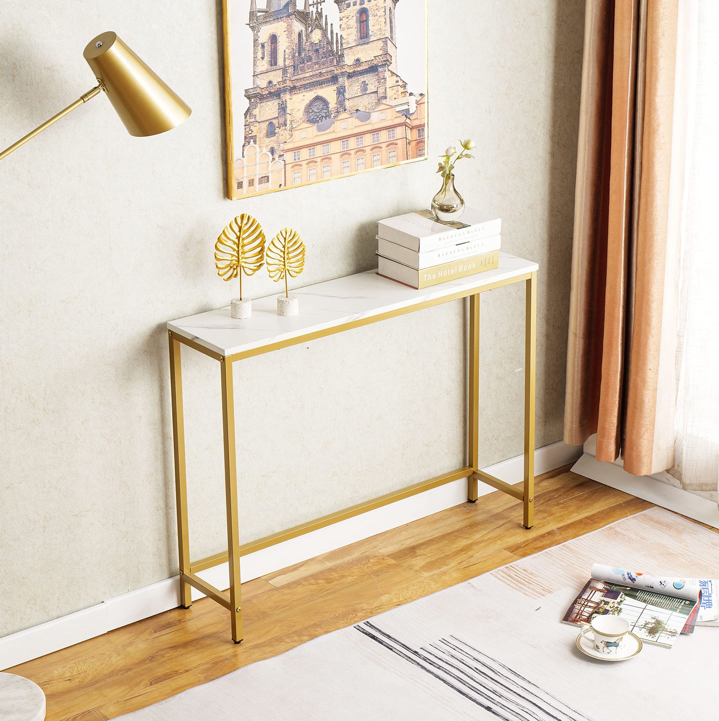 loglus Console Table for Entryway, Faux Marble MDF Sofa Table with Golden Frame (Double Layer, White Marble)