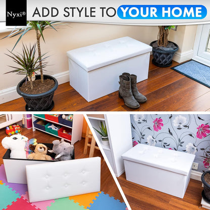 Nyxi Faux Leather 76 * 38 * 38cm White Ottoman Foldable Storage Boxes Seat Foot Stool Storage Box with Lids for Kids Toys, Bedroom, Hallway, Living Room…