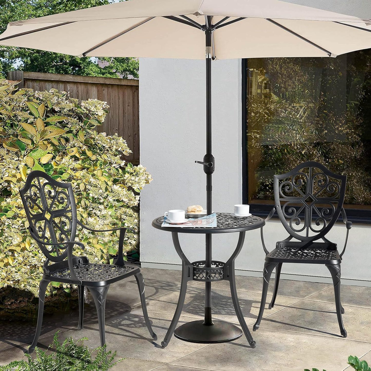 Nuu Garden Bistro Set 3 Piece Outdoor, Cast Aluminum Patio Bistro Sets with Umbrella Hole, Bistro Table and Chairs Set of 2 for Patio Backyard