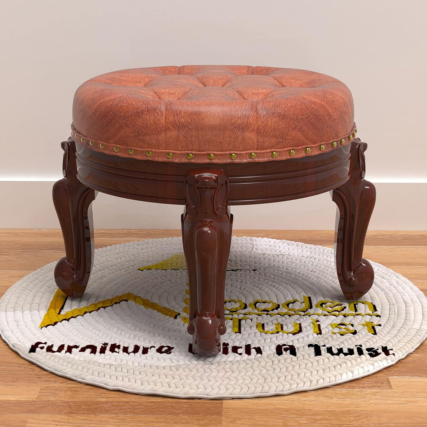 Wooden Twist Foot Stool Round Ottoman Mid Century Foot Rest Cushion for Living Room