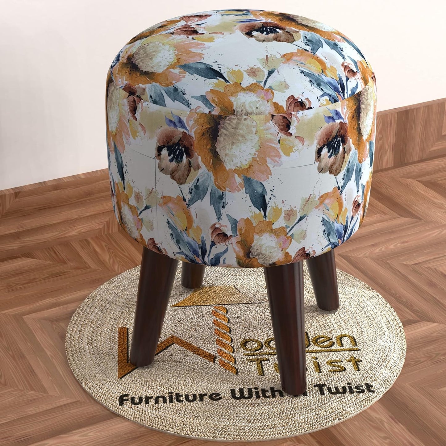 Wooden Twist Puffy Ottoman Stool for Living Room (Beige)