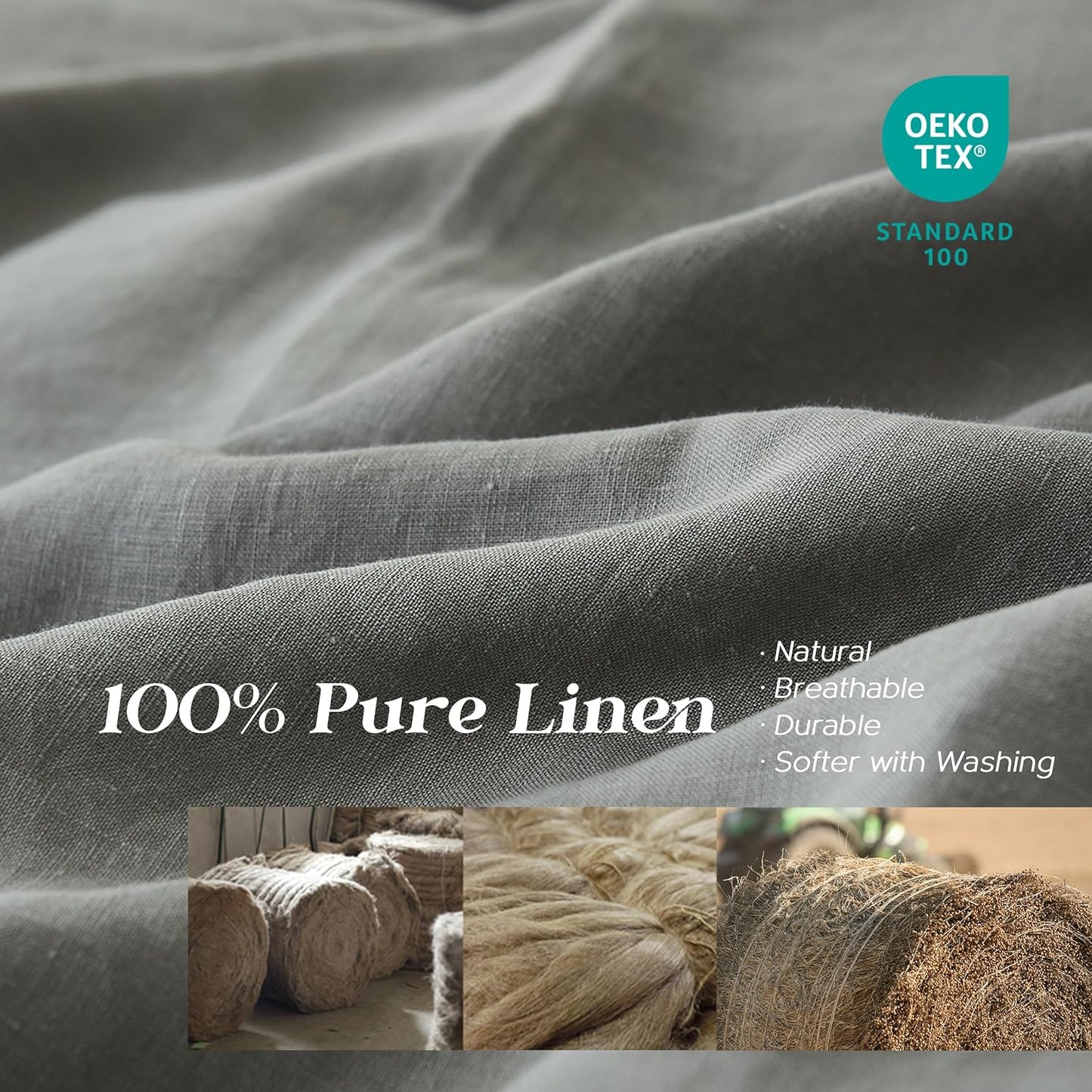 Simple&Opulence 100% Linen Duvet Cover Set with Washed-French Flax-3 Pieces Solid Color Basic Style Bedding Set-Breathable Soft Comforter Cover with 2 Pillowshams(King,Linen)