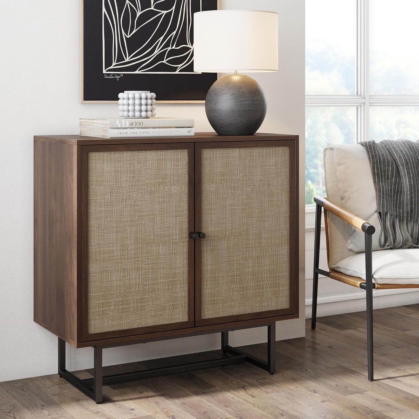 Nathan James Accent Boho Modern Free Standing Buffet Sideboard Hallway, Entryway, Dining Living Room, 1 Storage Cabinet, Beacon - Light Brown