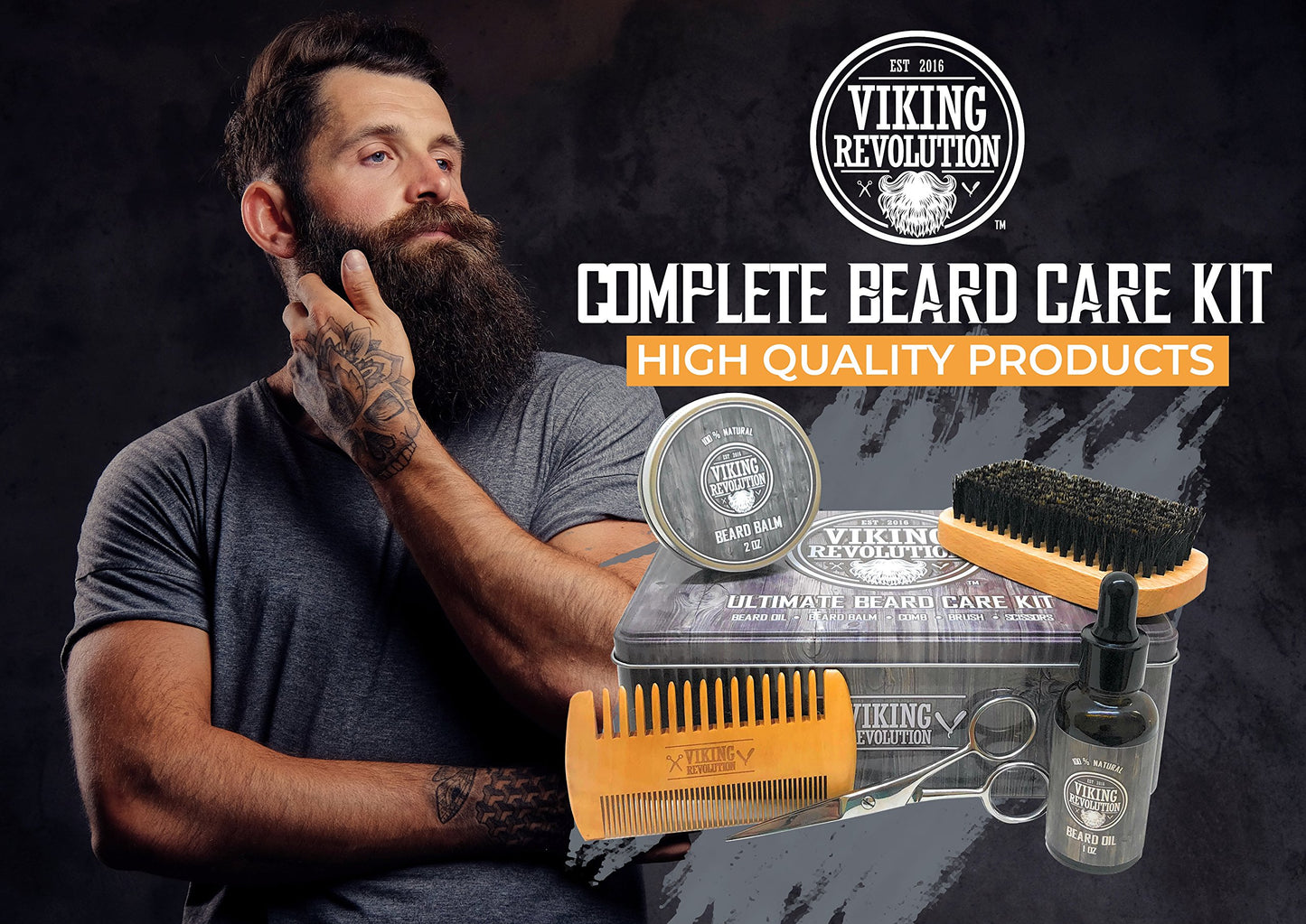 Viking Revolution Beard Grooming Kit for Men- Ultimate Beard Kit Includes 100% Boar Beard Brush, Beard Comb, Citrus Beard Balm, Unscented Beard Oil, Beard & Mustache Scissors