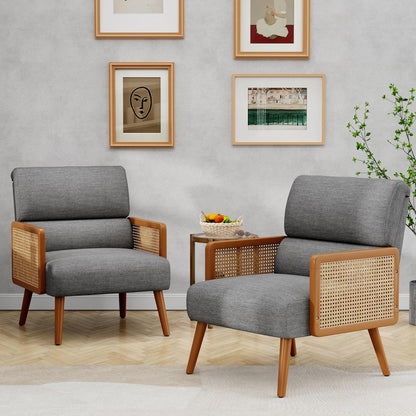 ALISH Rattan Accent Chairs,Upholstered Accent Chairs Armchair Mid Century Modern Living Room Chair with Rattan Armrest and Wooden Legs (Gray, Set of 1)