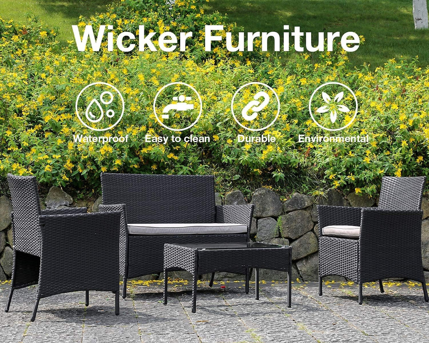 Outdoor Patio Furniture Sets 4 Pieces Patio Set Rattan Chair Wicker Sofa Conversation Set Patio Chair for Backyard Lawn Porch Poolside Balcony Garden Furniture Sets with Coffee Table (Black)