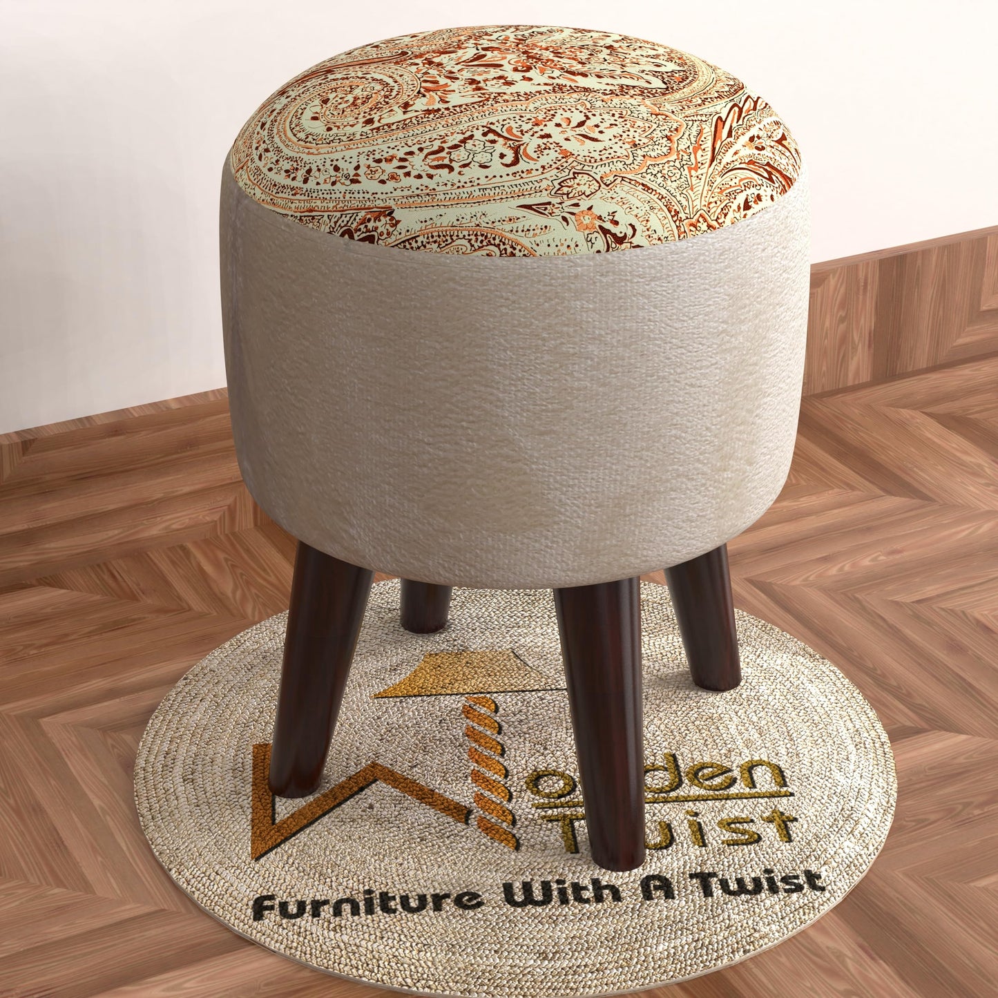 Wooden Twist Puffy Ottoman Stool for Living Room (Beige)