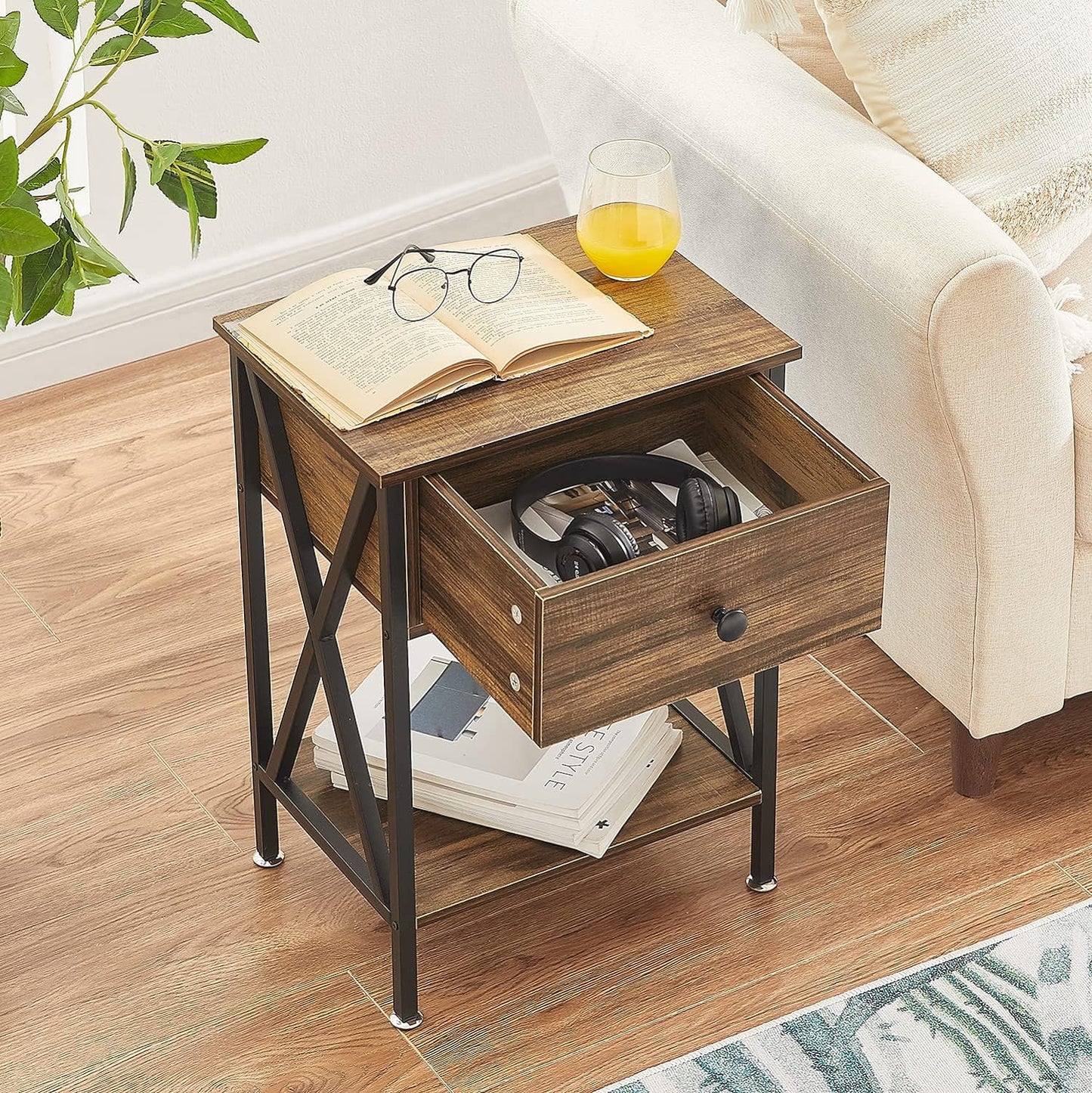 VECELO Modern Versatile Nightstands X-Design Side End Table Night Stands for Bedroom Nightstand Bedside End Tables with Drawer Storage, Rustic Brown Bedroom