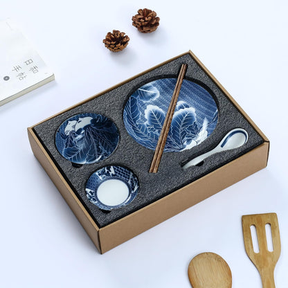 Gegong Blue and White Porcelain Dinnerware Set, Dishes, Bowl, Spoon, Chopsticks, Service for 1, Colorful Glazed Ceramic Set, Gift Box Packaging (Willow Leaves)