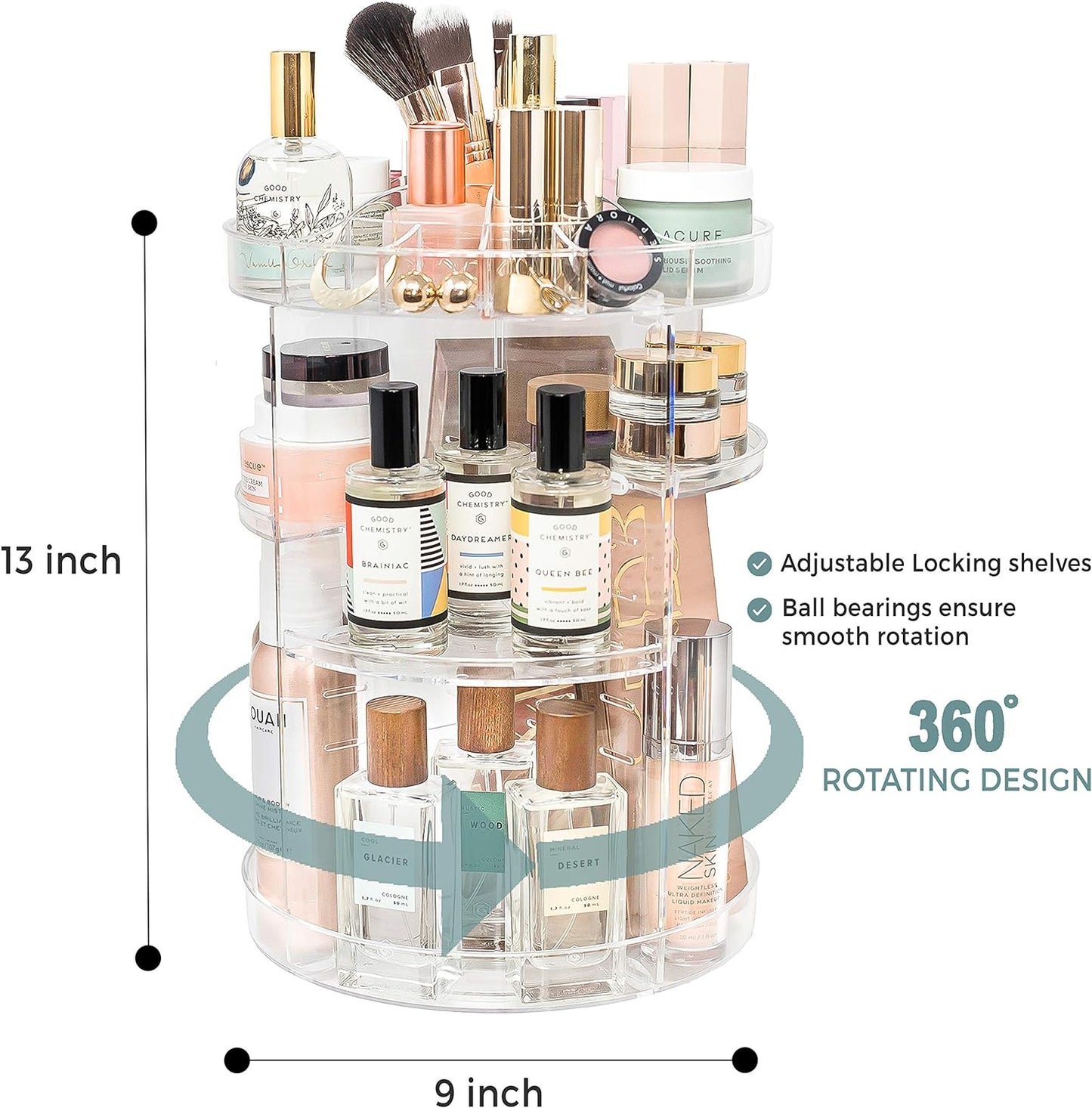 Rotating Makeup Organizer by Tranquil Abode | 360 Spinning Storage Display Case | Clear Acrylic Vanity & Bathroom Organizer for Skincare, Perfume, Cosmetic, Beauty, Make up and Essential Oil Products