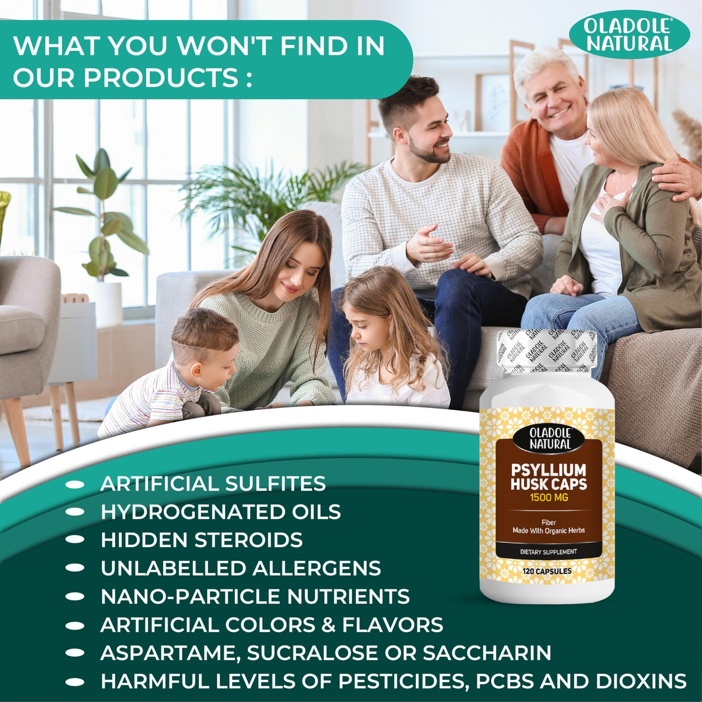 Oladole Psyllium Husk 1500mg - 120 Capsules High Fiber Supplement for Digestive Health, Weight Management & Colon Cleansing | Supports Heart Health, Detoxification & Eases Constipation | Gluten Free