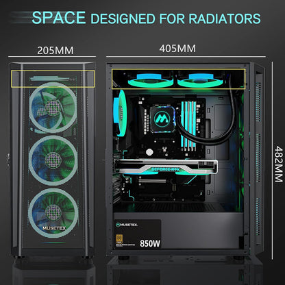 MUSETEX ATX PC Case Pre-Install 6 PWM ARGB Fans, Mid Tower Gaming Case with Opening Tempered Glass Side Panel Door, Mesh Computer Case, TW8