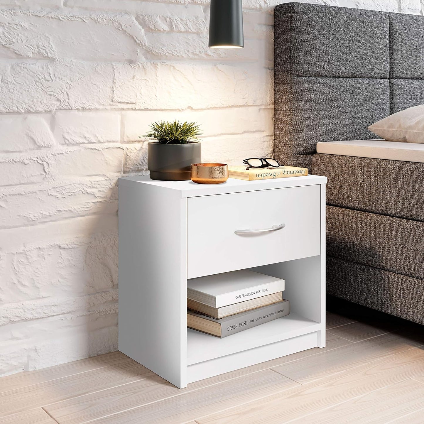 Stella Trading Bedside Table, Wood, White, 28 x 39 x 41 cm